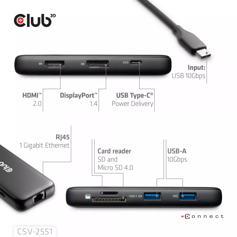 Dock portátil CLUB3D 8-1 USB Type-C® 10Gbps para HDMI™ e DisplayPort™ 8K30Hz PD máx. 100Watt