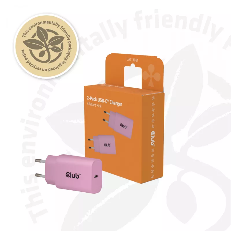 CLUB3D pack de 2 carregadores USB C 30 Watt branco, interior, AC, rosa