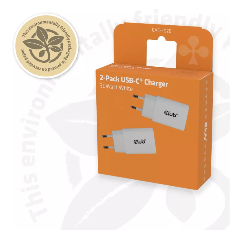 Carregador USB‑C pack de 2 CLUB3D CAC-3020, 30 W no total, branco