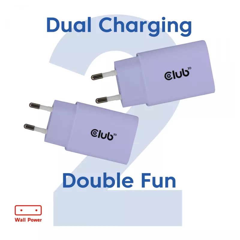 Fonte de alimentação club 3d carregador USB-C 30W pack de 2 compacto para telemóveis e tablets