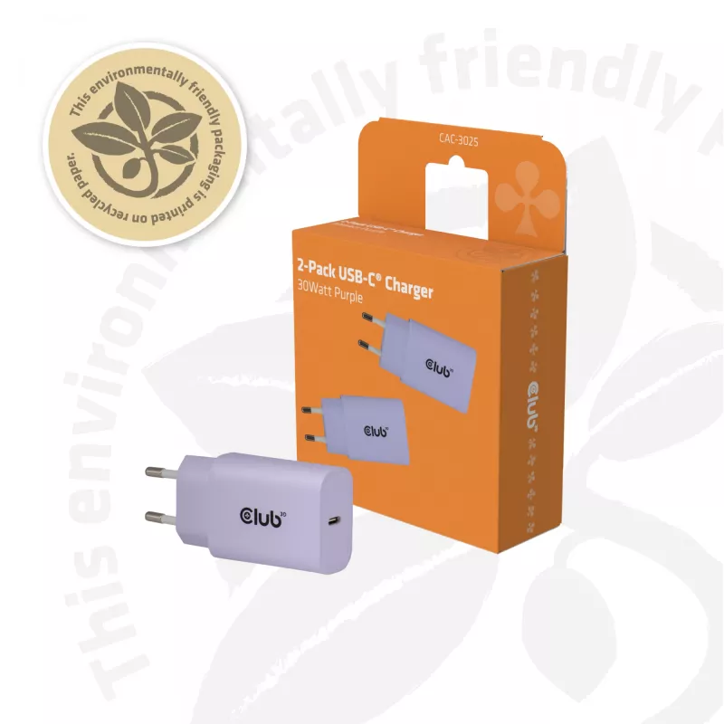 Fonte de alimentação club 3d carregador USB-C 30W pack de 2 compacto para telemóveis e tablets