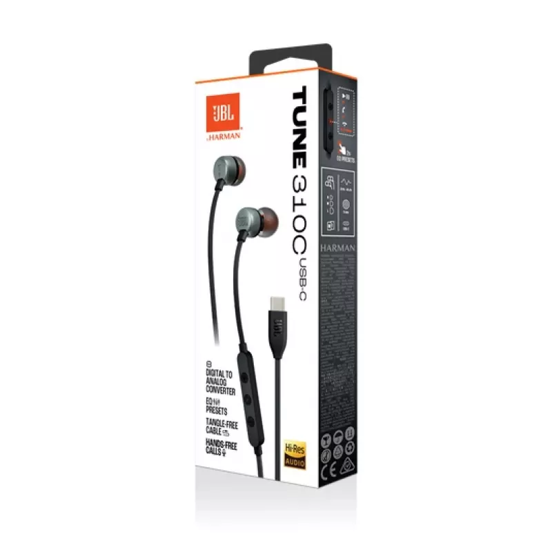 Headset JBL Tune 310C com fios intra-auriculares chamadas/música USB-C preto