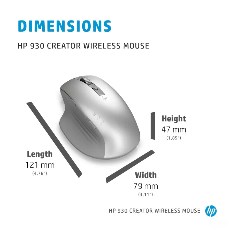 Rato sem fios HP 930 Creator, para destros, Bluetooth, 3000 DPI, prateado