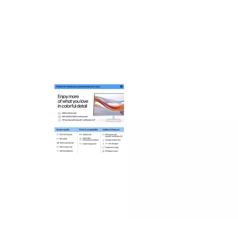 Monitor HP Series 5 FHD 532sf de 31,5 polegadas, painel VA 1920×1080, 100 Hz, 300 cd/m², contraste 3000:1, HDMI×2 + VGA, inclinável, prateado