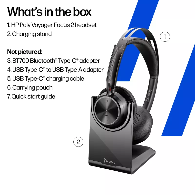 Headset HP Poly Voyager Focus 2 USB-C-C + adaptador USB-C/A + base de carregamento
