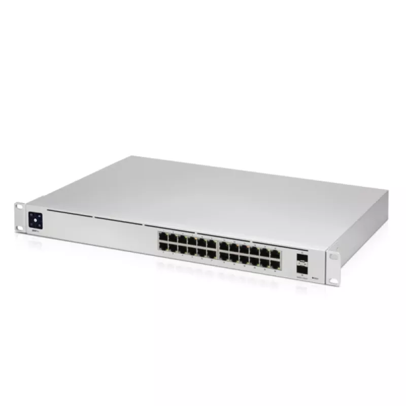 Switch gerido UBIQUITI USW-PRO-24-EU — 24× Gigabit RJ-45, 2× SFP+, L2/L3, montagem em rack, prateado