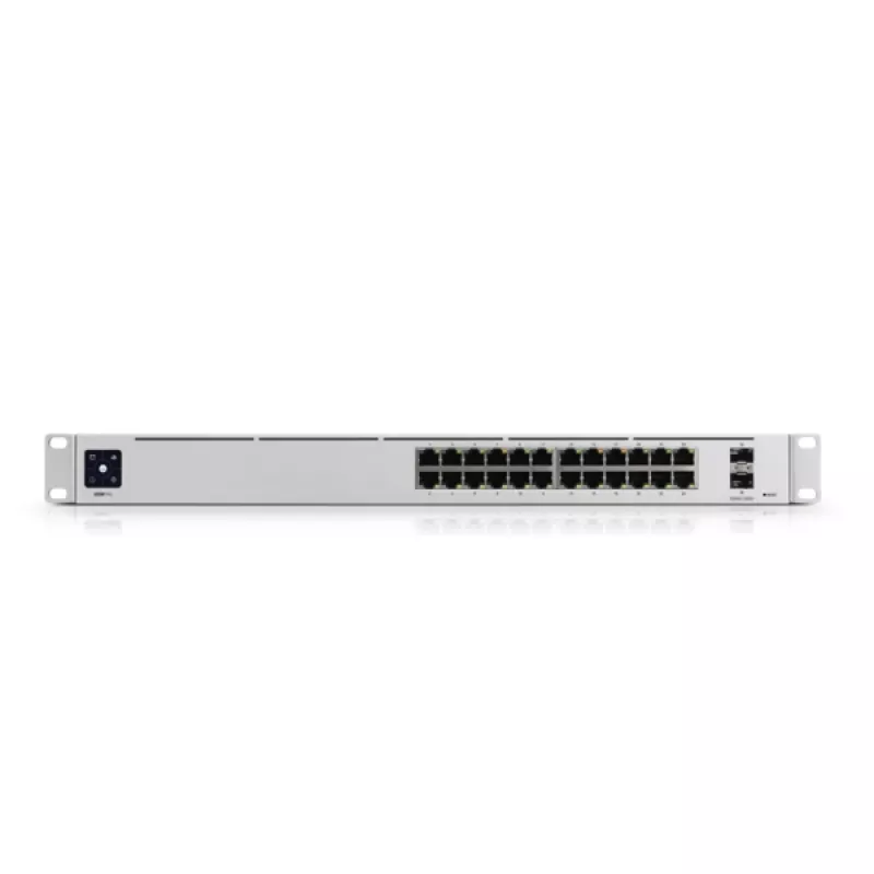 Switch gerido UBIQUITI USW-PRO-24-EU — 24× Gigabit RJ-45, 2× SFP+, L2/L3, montagem em rack, prateado