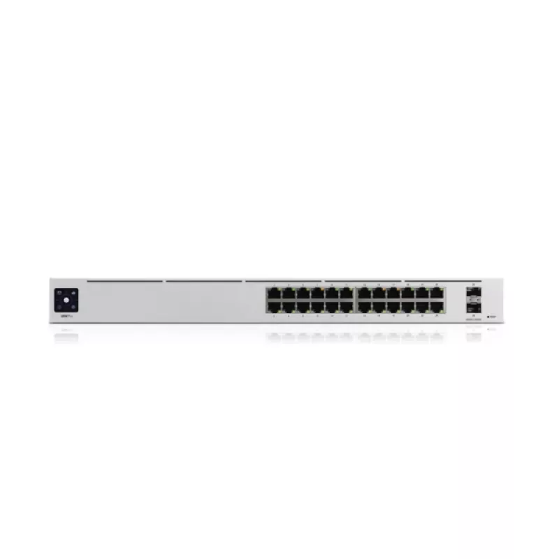 Switch gerido UBIQUITI USW-PRO-24-EU — 24× Gigabit RJ-45, 2× SFP+, L2/L3, montagem em rack, prateado