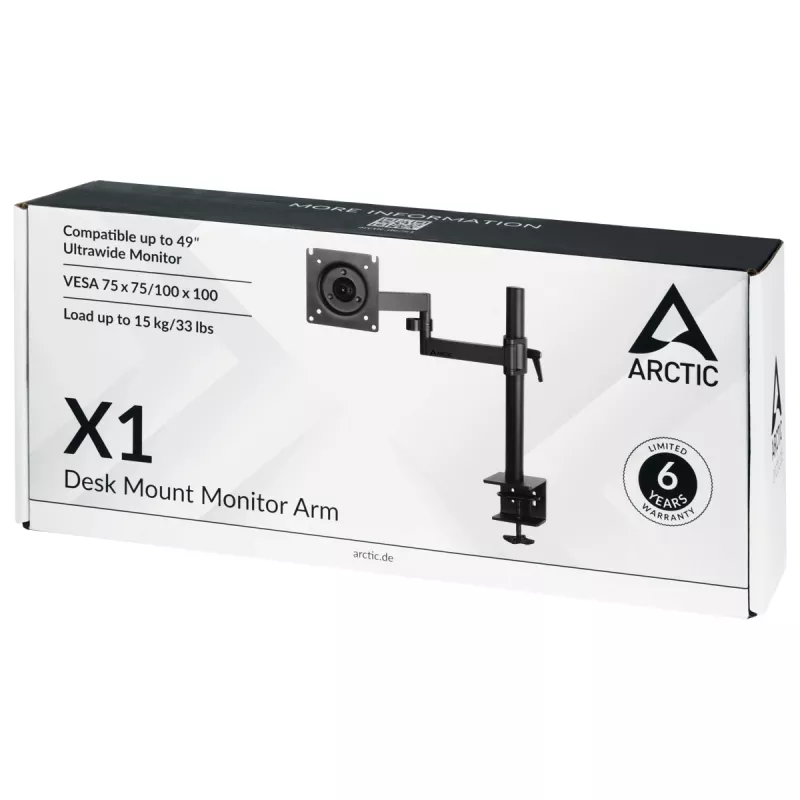 ARCTIC X1 - braço para monitor de secretária, fixação por aperto, 10 kg, 101,6 cm (40 polegadas), 109,2 cm (43 polegadas), 100 x 100 mm, preto