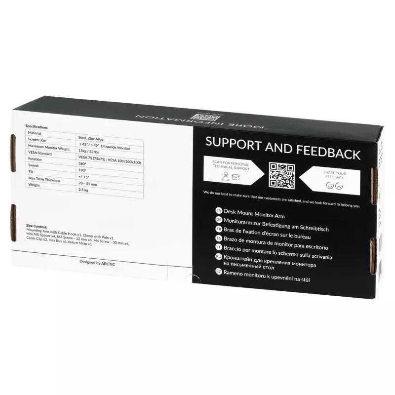ARCTIC X1 - braço para monitor de secretária, fixação por aperto, 10 kg, 101,6 cm (40 polegadas), 109,2 cm (43 polegadas), 100 x 100 mm, preto
