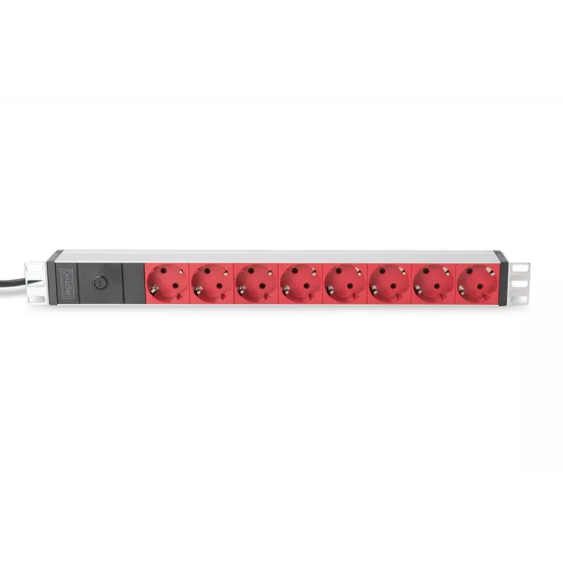 DIGITUS PDU de alumínio 1U, montável em rack, ficha 10A, 250VAC 50/60Hz, 8 tomadas CEE 7/7 vermelhas com proteção, ficha IEC C14