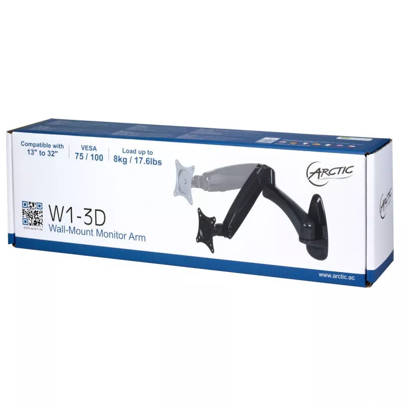 ARCTIC W1-3D - Suporte de parede para monitor com tecnologia de elevação a gás, 8 kg, 33 cm (13 polegadas), 81,3 cm (32 polegadas), 75 x 75 mm, 100 x 100 mm, preto