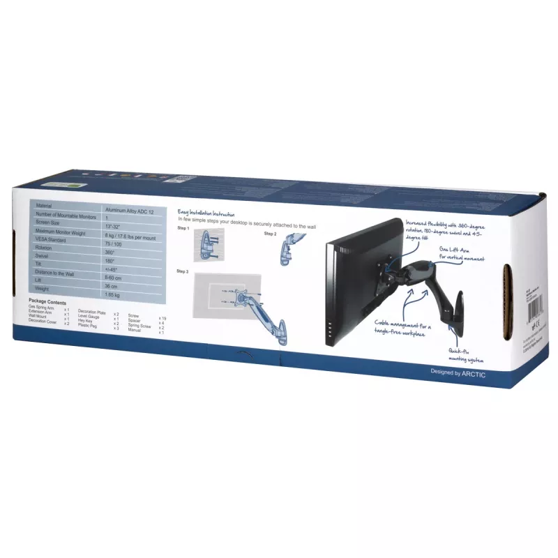 ARCTIC W1-3D - Suporte de parede para monitor com tecnologia de elevação a gás, 8 kg, 33 cm (13 polegadas), 81,3 cm (32 polegadas), 75 x 75 mm, 100 x 100 mm, preto