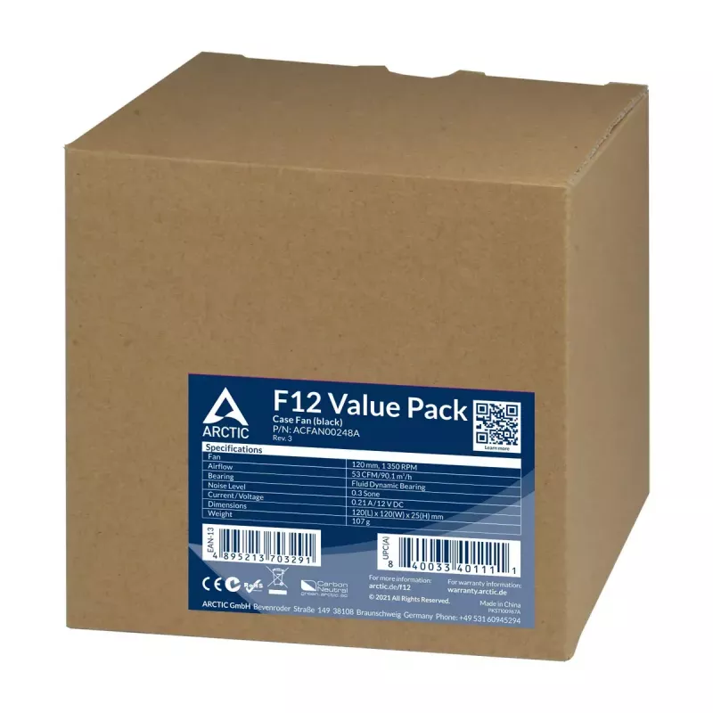 ARCTIC F12 ventoinha de caixa standard 120 mm, pack de 5, preta