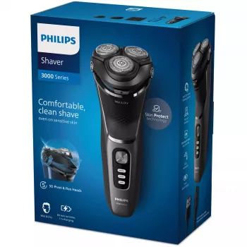 Máquina de barbear elétrica Philips 3000 Series S3343/13 — sistema rotativo de 3 cabeças, molhado e seco, 60 min de bateria, lâminas PowerCut