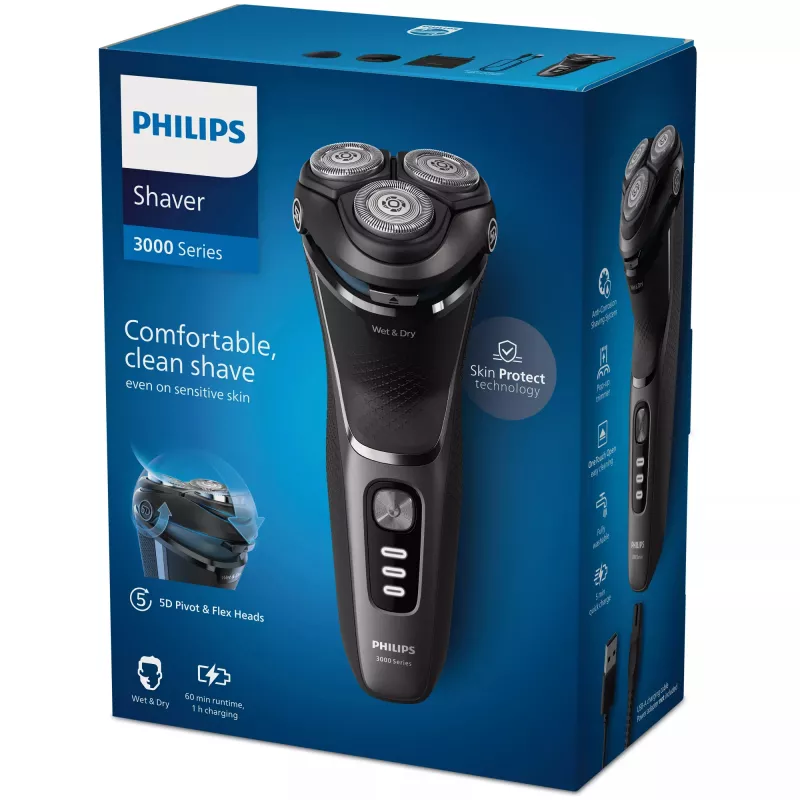 Máquina de barbear elétrica Philips 3000 Series S3343/13 — sistema rotativo de 3 cabeças, molhado e seco, 60 min de bateria, lâminas PowerCut