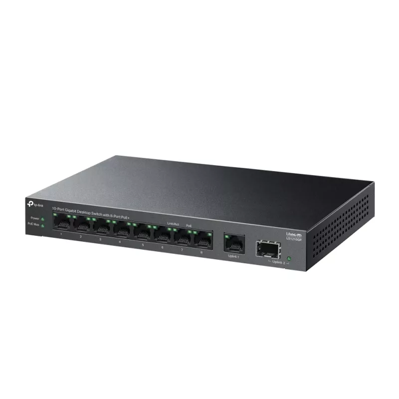 Switch não gerido TP-LINK LS1210GP 10 portas Gigabit, 8× PoE+ (61 W total), 1× SFP, 9× RJ-45 Gigabit