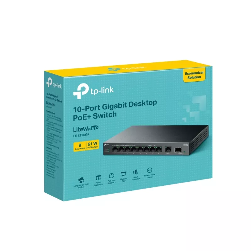 Switch não gerido TP-LINK LS1210GP 10 portas Gigabit, 8× PoE+ (61 W total), 1× SFP, 9× RJ-45 Gigabit