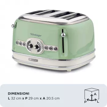 Ariete 156 Torradeira Vintage 4 fatias, 1600 Watt, 6 níveis de tostagem, aço inoxidável lacado em verde pastel, sem cestos para sandes. verde