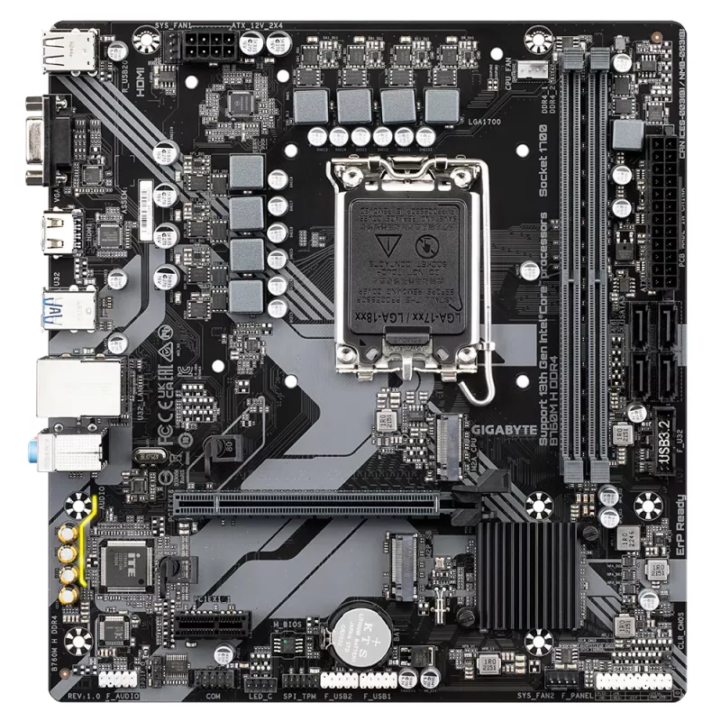 GIGABYTE B760M H DDR4 Motherboard - Suporta processadores Intel Core de 14.ª geração, 6+1+1 fases Digital VRM, até 3200MHz DDR4 (OC), 2xPCIe 4.0 M.2, GbE LAN, USB 3.2 Gen1