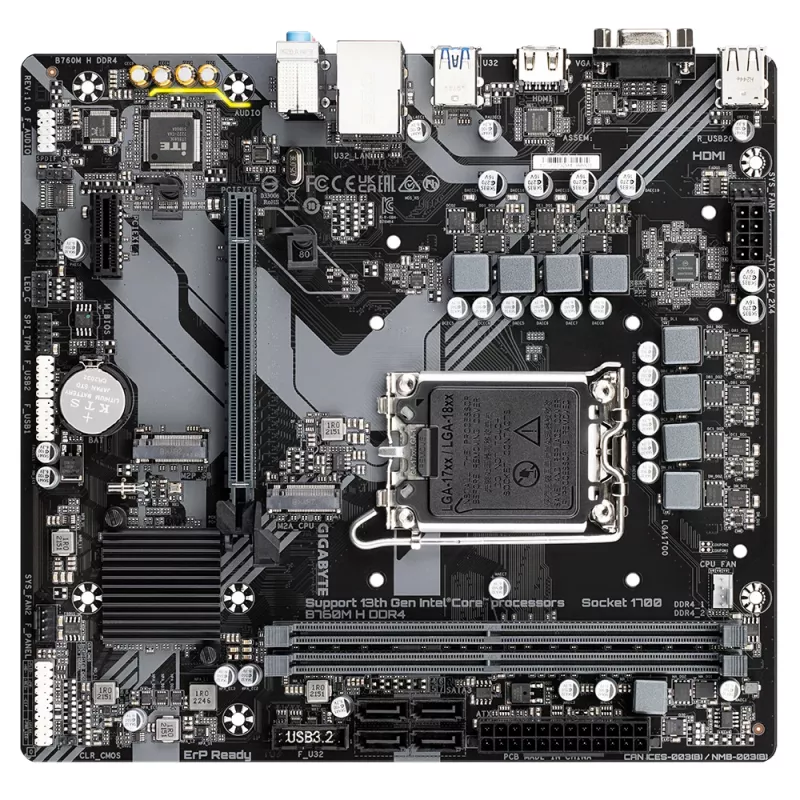 GIGABYTE B760M H DDR4 Motherboard - Suporta processadores Intel Core de 14.ª geração, 6+1+1 fases Digital VRM, até 3200MHz DDR4 (OC), 2xPCIe 4.0 M.2, GbE LAN, USB 3.2 Gen1