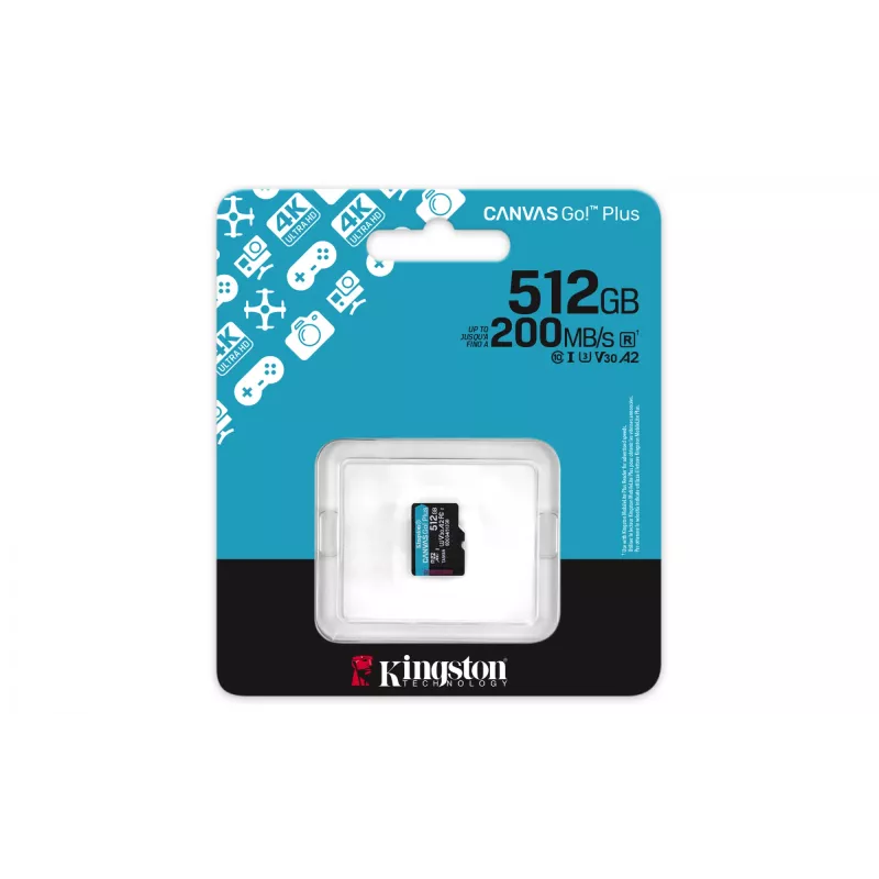 Kingston Technology 512GB microSDXC Canvas Go Plus Gen4 200R A2 U3 embalagem individual sem adaptador