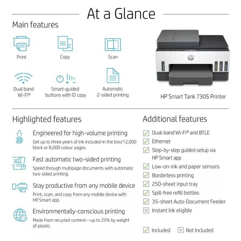 Impressora multifunções sem fios HP Smart Tank 7305, impressão frente e verso; copiadora, scanner