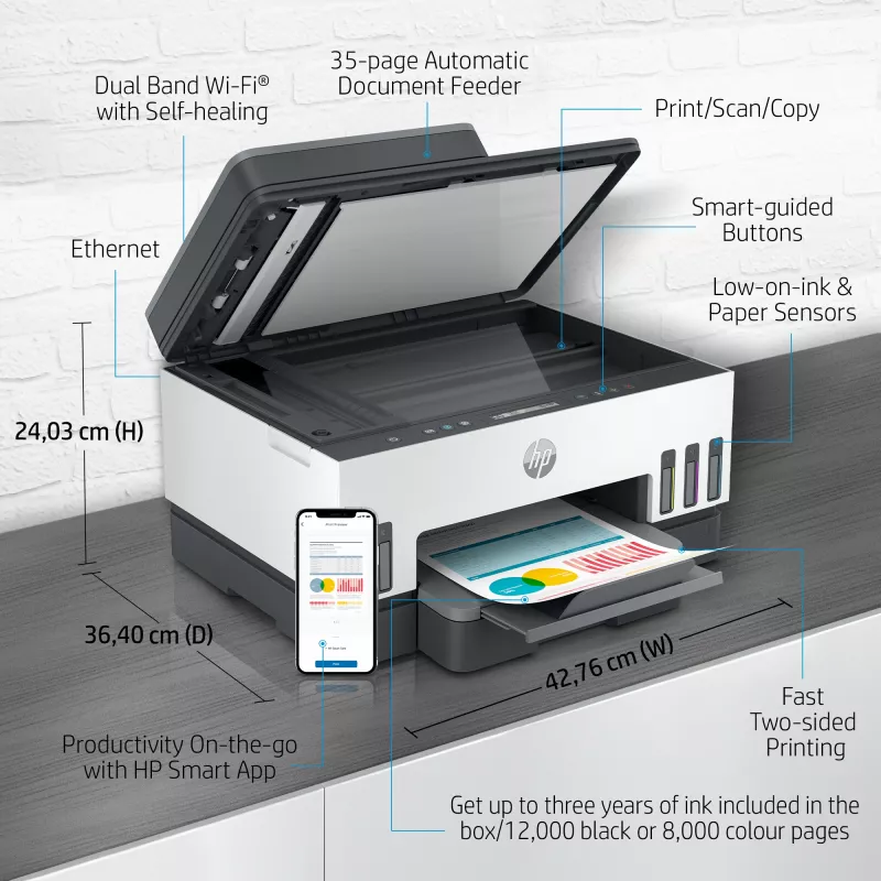 Impressora multifunções sem fios HP Smart Tank 7305, impressão frente e verso; copiadora, scanner