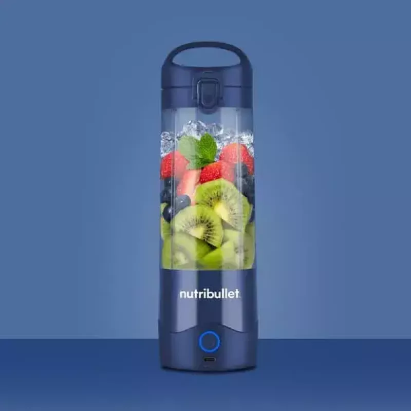 Batedeira de desporto NUTRIBULLET Portable 0,475 L, a pilhas, lâminas de aço inoxidável, recipiente Tritan, azul-escuro
