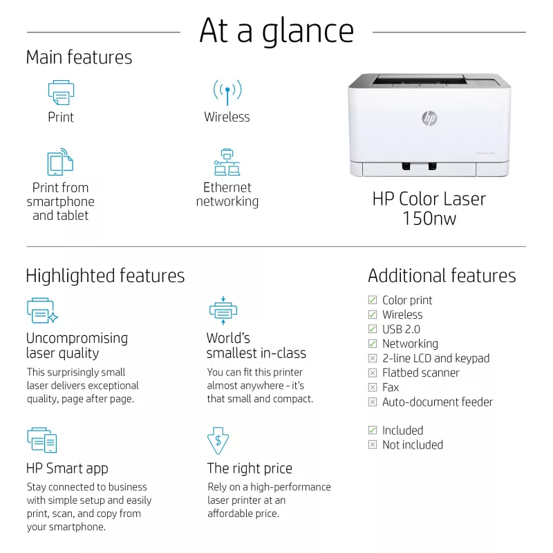 HP Color Laser 150nw, laser, cor, 600 x 600 DPI, A4, 18 ppm, impressão duplex
