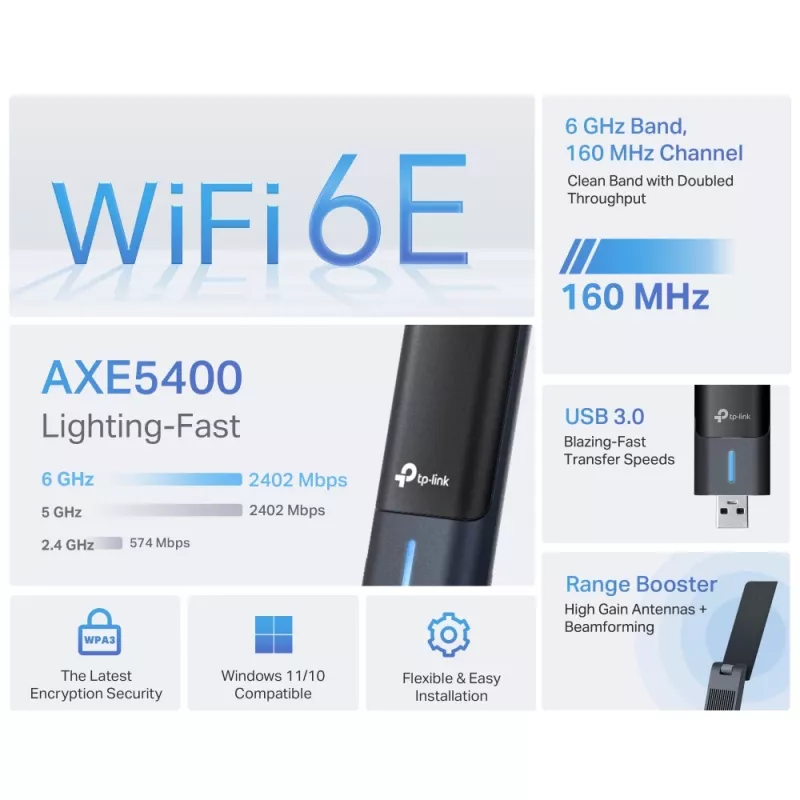 TP-Link Archer AXE5400 Wi-Fi 6E Adaptador USB sem fios de alto ganho