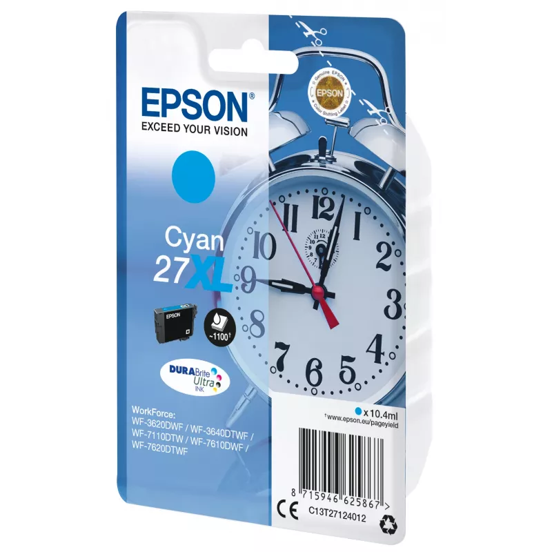 Epson Despertador Embalagem individual Ciano 27XL DURABrite Ultra Tinta, Rendimento alto (XL), Ciano, 10,4 ml, 1 Unidade, 1100 páginas