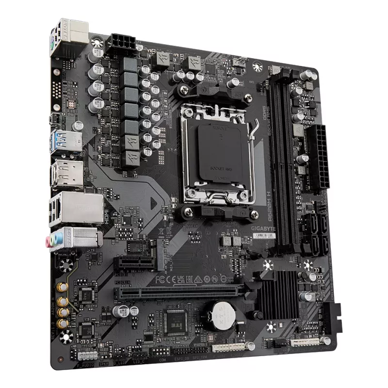 GIGABYTE A620M H motherboard - suporta processadores AMD Ryzen 8000, VRM digital 5+2+2 fases, até 7200MHz DDR5 (OC), 1xPCIe 4.0 M.2, GbE LAN, USB 3.2 Gen 1