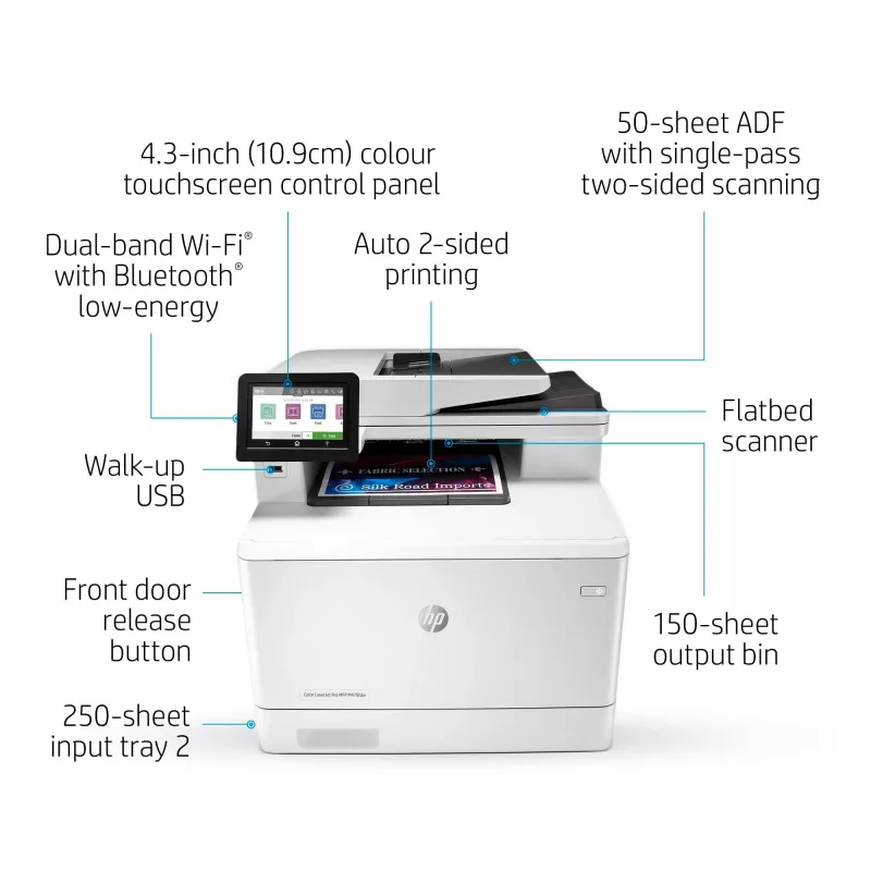 HP Color LaserJet Pro MFP M479fnw, imprimir, copiar, digitalizar, fax, e-mail, digitalizar para e-mail/PDF; ADF de 50 folhas sem curvatura
