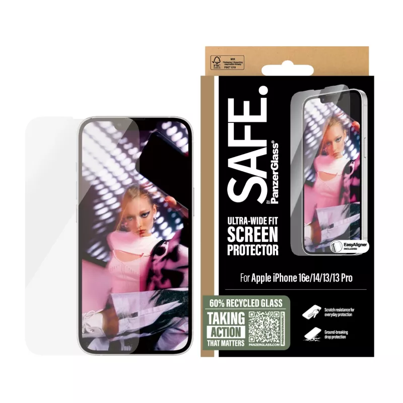 PanzerGlass SAFE. by ® película de proteção de ecrã iPhone 17e | 16e | 14 | 13 | 13 Pro | Ultra-Wide Fit com EasyAligner