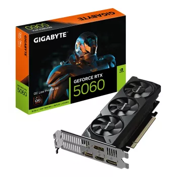 Placa gráfica GIGABYTE GeForce RTX 5060 OC Low Profile 8G - 8GB GDDR7, 128bit, PCI-E 5.0, 2512 MHz frequência do núcleo, 3 x DisplayPort, 1 x HDMI, GV-N5060OC-8GL
