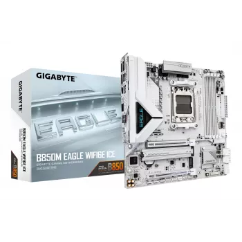 Placa-mãe GIGABYTE B850M EAGLE WIFI6E ICE - CPUs AMD Ryzen 9000 Series, VRM digital 8+2+2 fases, DDR5 até 8200 MHz (OC), 1xPCIe 5.0 + 1xPCIe 4.0 M.2, Wi-Fi 6E, 2,5 GbE LAN, USB 3.2 Gen 2