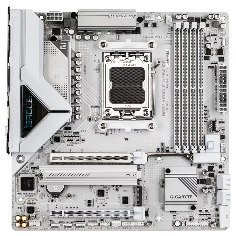 Placa-mãe GIGABYTE B850M EAGLE WIFI6E ICE - CPUs AMD Ryzen 9000 Series, VRM digital 8+2+2 fases, DDR5 até 8200 MHz (OC), 1xPCIe 5.0 + 1xPCIe 4.0 M.2, Wi-Fi 6E, 2,5 GbE LAN, USB 3.2 Gen 2