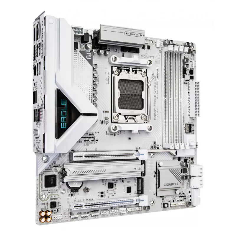 Placa-mãe GIGABYTE B850M EAGLE WIFI6E ICE - CPUs AMD Ryzen 9000 Series, VRM digital 8+2+2 fases, DDR5 até 8200 MHz (OC), 1xPCIe 5.0 + 1xPCIe 4.0 M.2, Wi-Fi 6E, 2,5 GbE LAN, USB 3.2 Gen 2