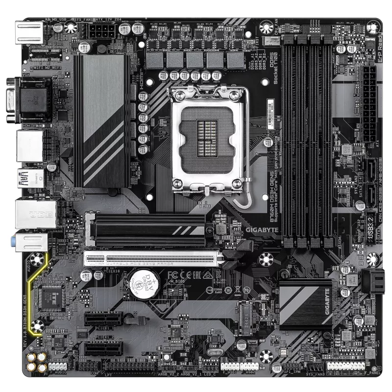 Placa-mãe GIGABYTE B760M DS3H GEN5 - Compatível com CPUs Intel Core 14.ª Ger., VRM digital 6+2+1 fases, DDR5 até 5600MHz, 2xPCIe 4.0 M.2, 2.5GbE LAN, USB 3.2 Gen2