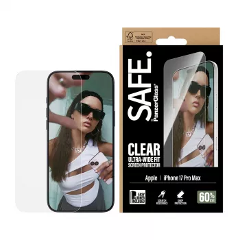 PanzerGlass SAFE. by Película de proteção de ecrã para iPhone 17 Pro Max — Ultra-Wide Fit, vidro temperado, instalação a seco, 1 unid.