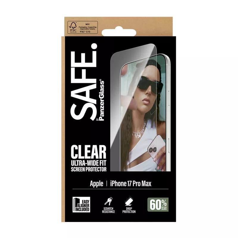 PanzerGlass SAFE. by Película de proteção de ecrã para iPhone 17 Pro Max — Ultra-Wide Fit, vidro temperado, instalação a seco, 1 unid.