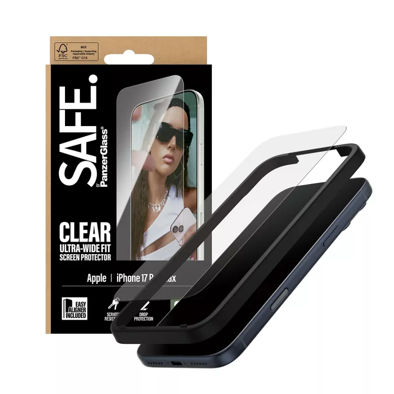 PanzerGlass SAFE. by Película de proteção de ecrã para iPhone 17 Pro Max — Ultra-Wide Fit, vidro temperado, instalação a seco, 1 unid.