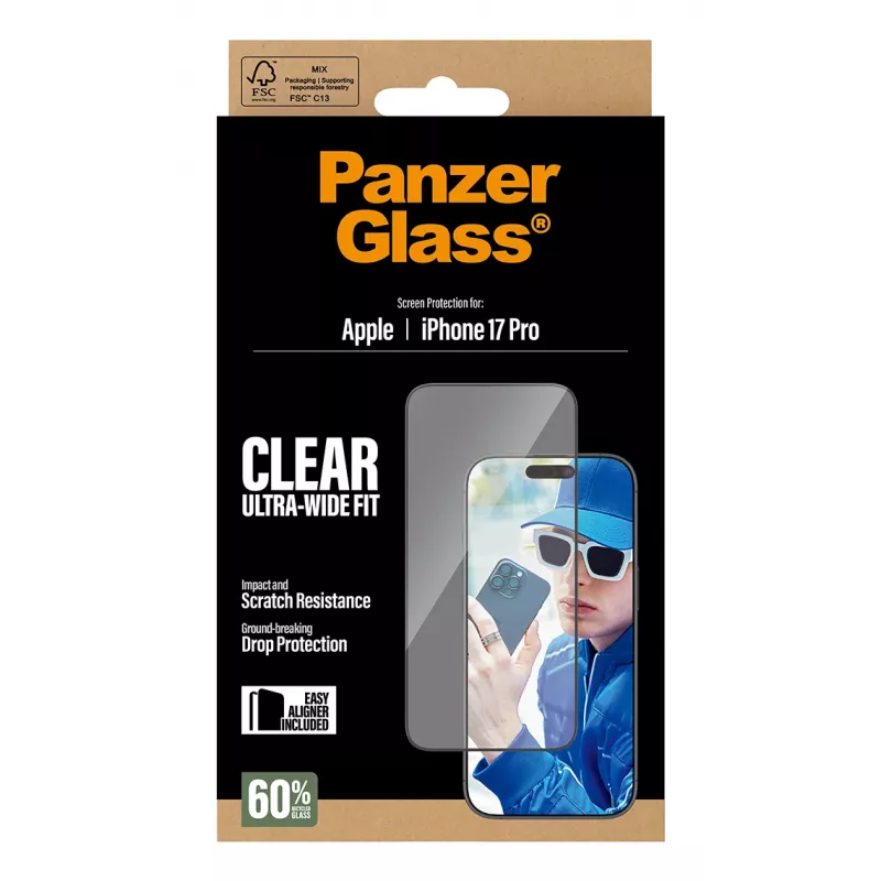 PanzerGlass Película de proteção de ecrã iPhone 17 Pro Ultra-Wide Fit EasyAligner resistente a riscos e choques