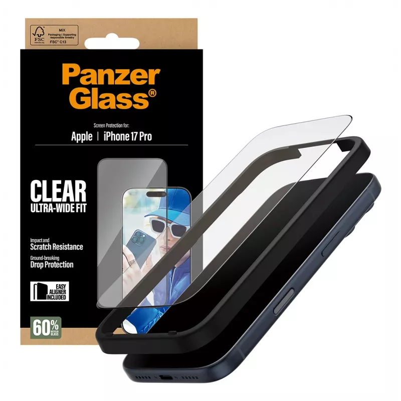 PanzerGlass Película de proteção de ecrã iPhone 17 Pro Ultra-Wide Fit EasyAligner resistente a riscos e choques