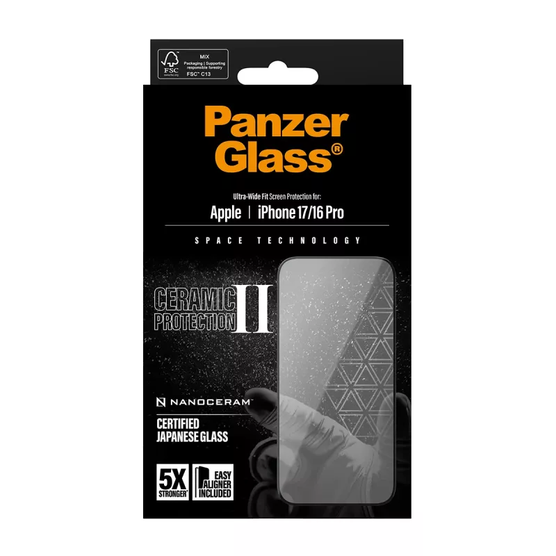 PanzerGlass ® Ceramic II Película de proteção de ecrã iPhone 17 | iPhone 16 Pro | Ultra-Wide Fit com EasyAligner
