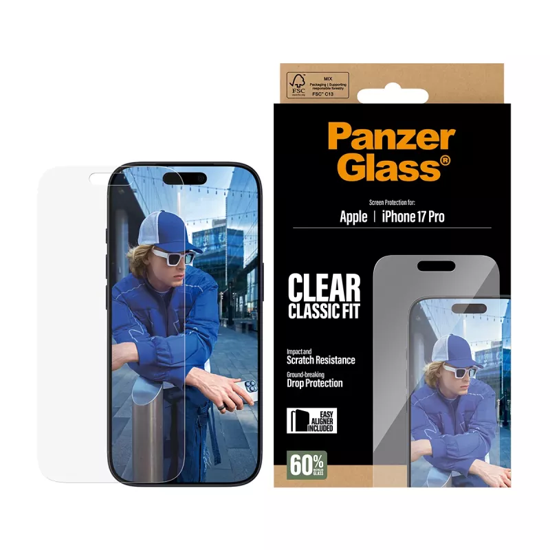 PanzerGlass iPhone 17 Pro Classic Fit EasyAligner Película de proteção de ecrã, resistente a riscos, resistente a choques