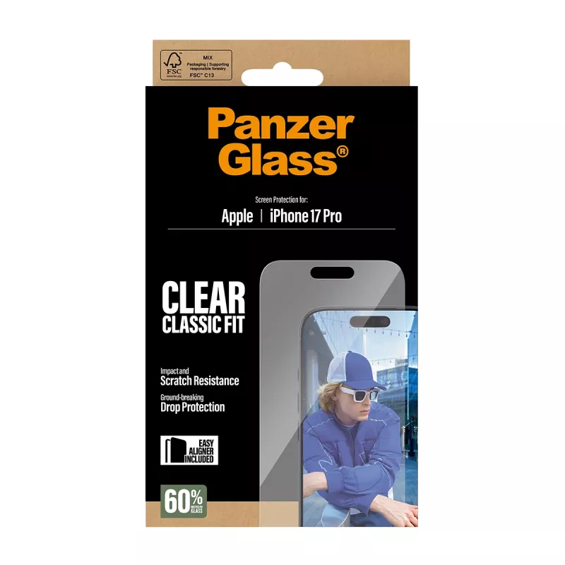 PanzerGlass iPhone 17 Pro Classic Fit EasyAligner Película de proteção de ecrã, resistente a riscos, resistente a choques