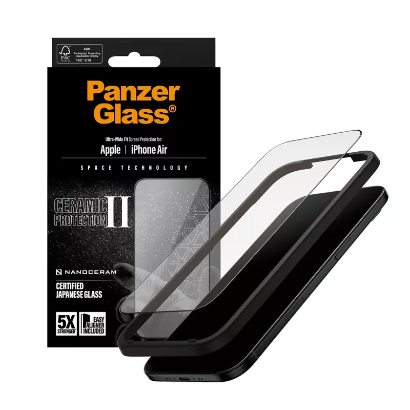 PanzerGlass Ceramic II Película de proteção de ecrã para iPhone Air Ultra-Wide Fit com EasyAligner, vidro temperado, PET, silicone, transparente, 1 unid.