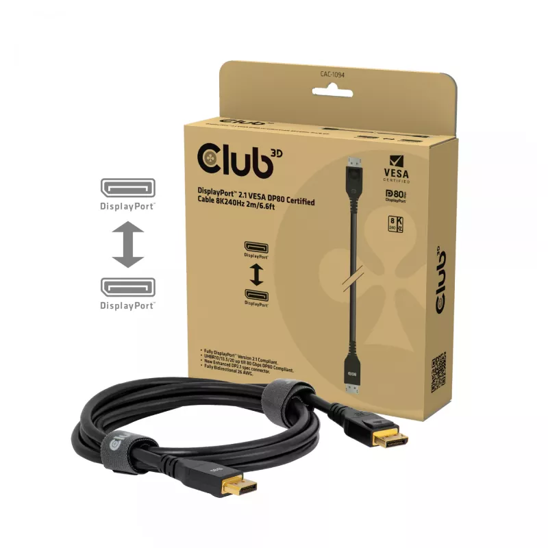 Club 3D CAC-1094 cabo DisplayPort 2.1 certificado VESA DP80 8K 240 Hz, 2 m (6,56 ft), preto
